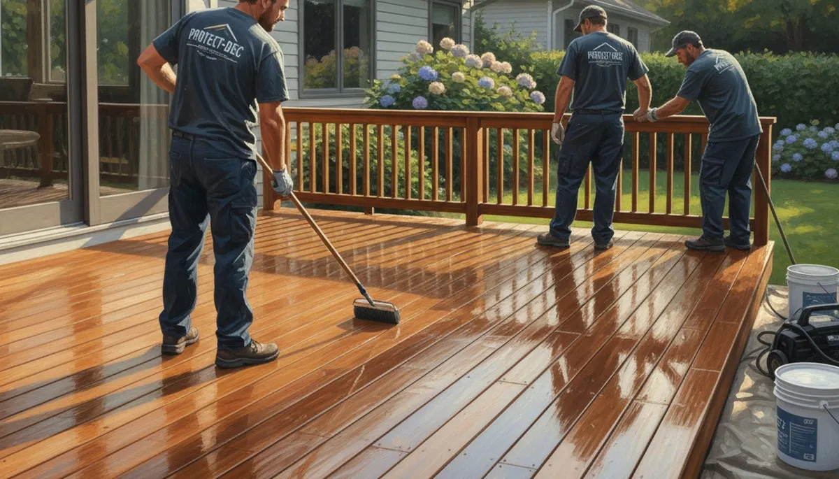 Allentown, PA painters applying deck sealing to protect a wood deck from moisture and weather damage