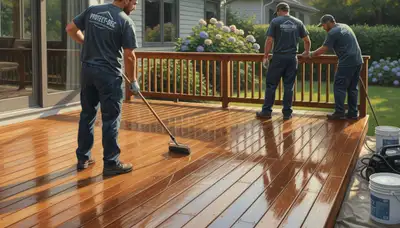 Allentown, PA painters applying deck sealing to protect a wood deck from moisture and weather damage