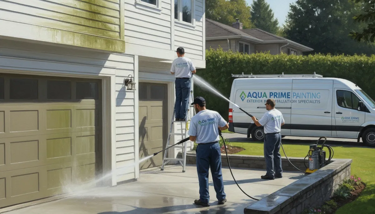 Allentown, PA painters pressure washing exterior surfaces for grime and mildew removal