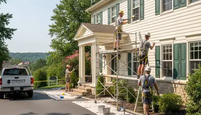 Professional painters in Allentown, PA painting a home exterior with ladders and brushes